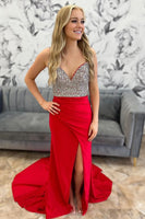 Load image into Gallery viewer, Sparkly Red Satin Mermaid Beaded Long Prom Dress with Slit