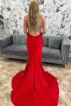 Sparkly Red Satin Mermaid Beaded Long Prom Dress with Slit