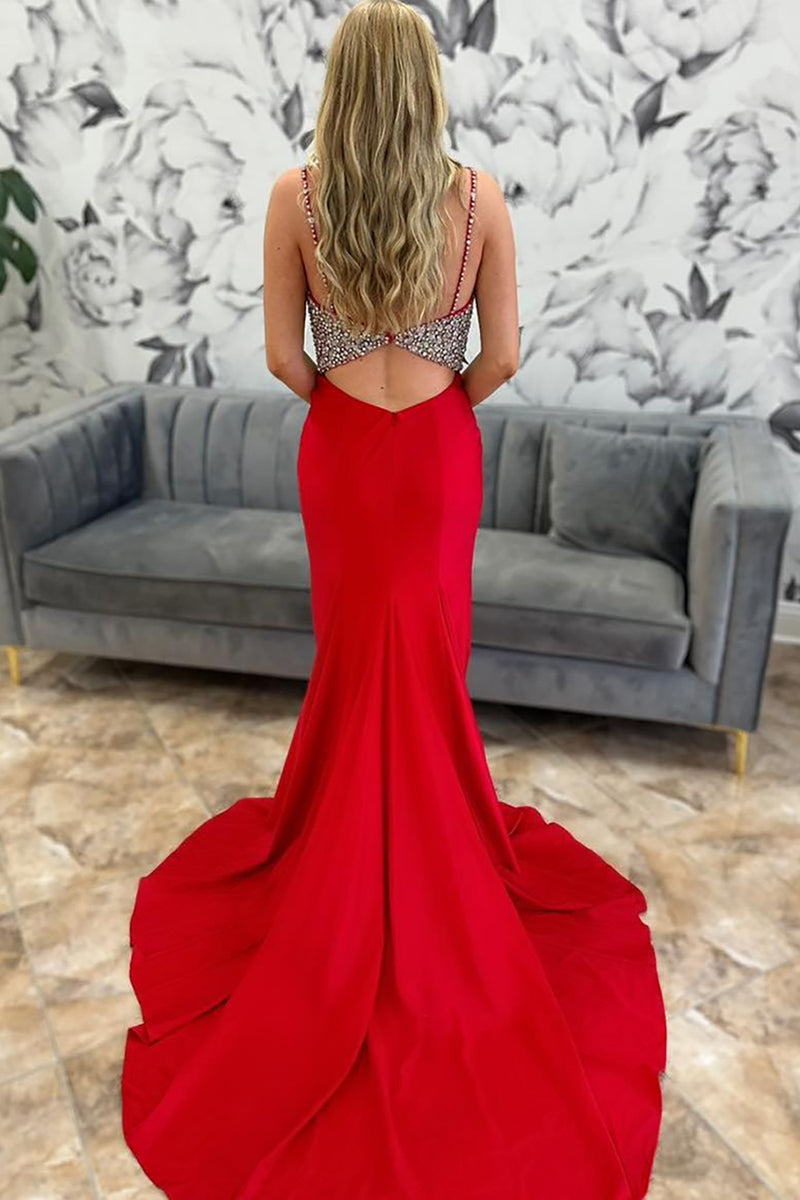 Load image into Gallery viewer, Sparkly Red Satin Mermaid Beaded Long Prom Dress with Slit
