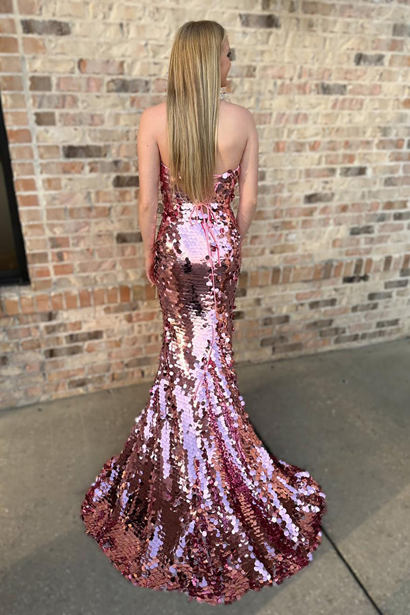 Load image into Gallery viewer, Sparkly Rose Gold Sequin Strapless Mermaid Long Prom Dress