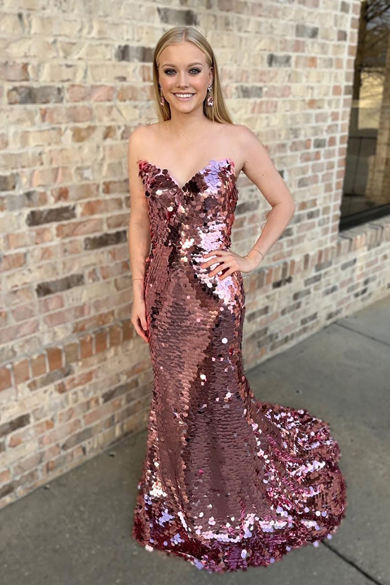 Load image into Gallery viewer, Sparkly Rose Gold Sequin Strapless Mermaid Long Prom Dress