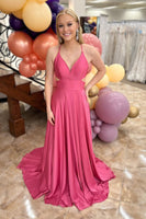 Load image into Gallery viewer, Fuchsia A Line Spaghetti Straps Lace-Up Back Long Prom Dress