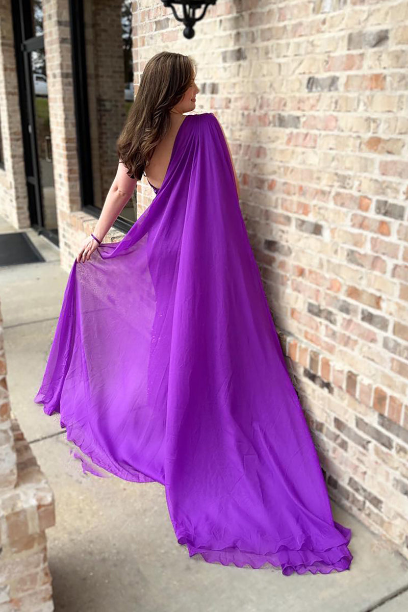 Load image into Gallery viewer, Sparkly Grape Sequin Long Prom Jumpsuits with Cape