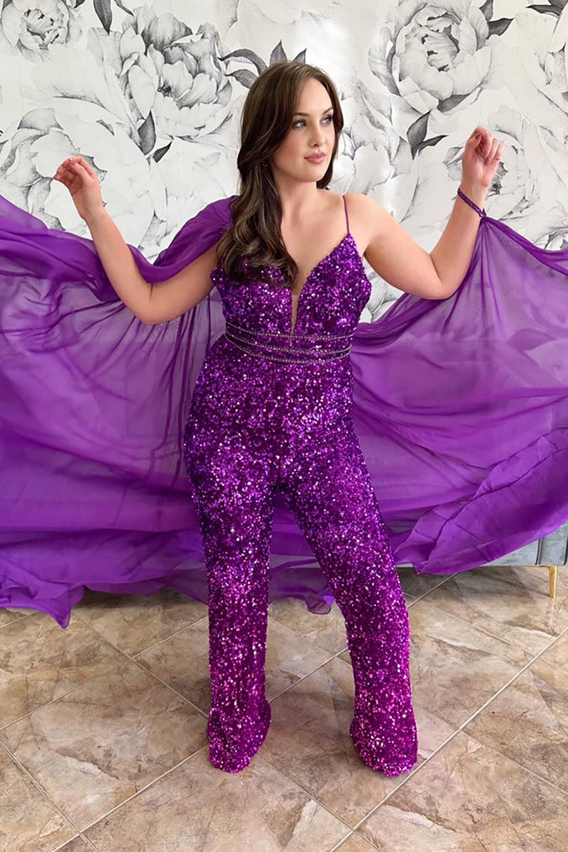 Load image into Gallery viewer, Sparkly Grape Sequin Long Prom Jumpsuits with Cape