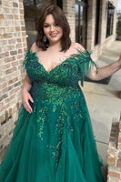 Load image into Gallery viewer, Glitter Princess Emerald Green Tulle Ball Gown Long Prom Dress with Appliques