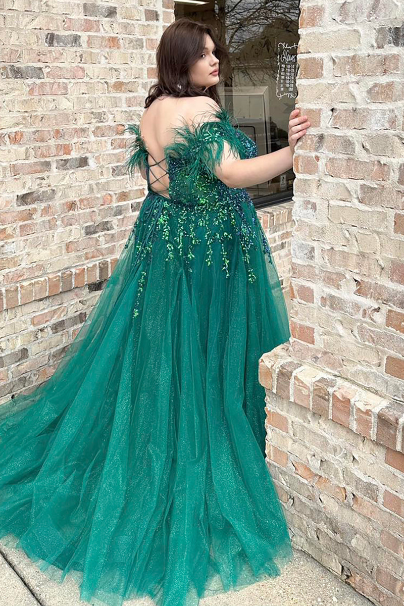 Queendancer Women Glitter Emerald Green Long Prom Dress with Appliques Princess Tulle Off the Shoulder Ball Gown Pageant Dress with Feathers queendanceruk Queendancer Women Glitter Emerald Green Long Prom Dress with Appliques Princess Tulle Off the Shoulder Ball Gown Pageant Dress with Feathers queendanceruk