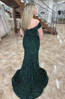 Load image into Gallery viewer, Sparkly Dark Green Sequin Mermaid Long Prom Dress
