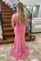 Load image into Gallery viewer, Sparkly Pink Sequin Mermaid Long Prom Dress with Slit