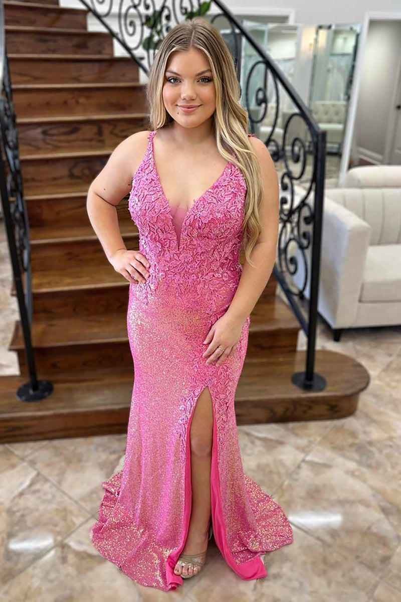 Load image into Gallery viewer, Sparkly Pink Sequin Mermaid Long Prom Dress with Slit