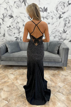 Sparkly Black Satin Mermaid Beaded Long Prom Dress with Butterfly