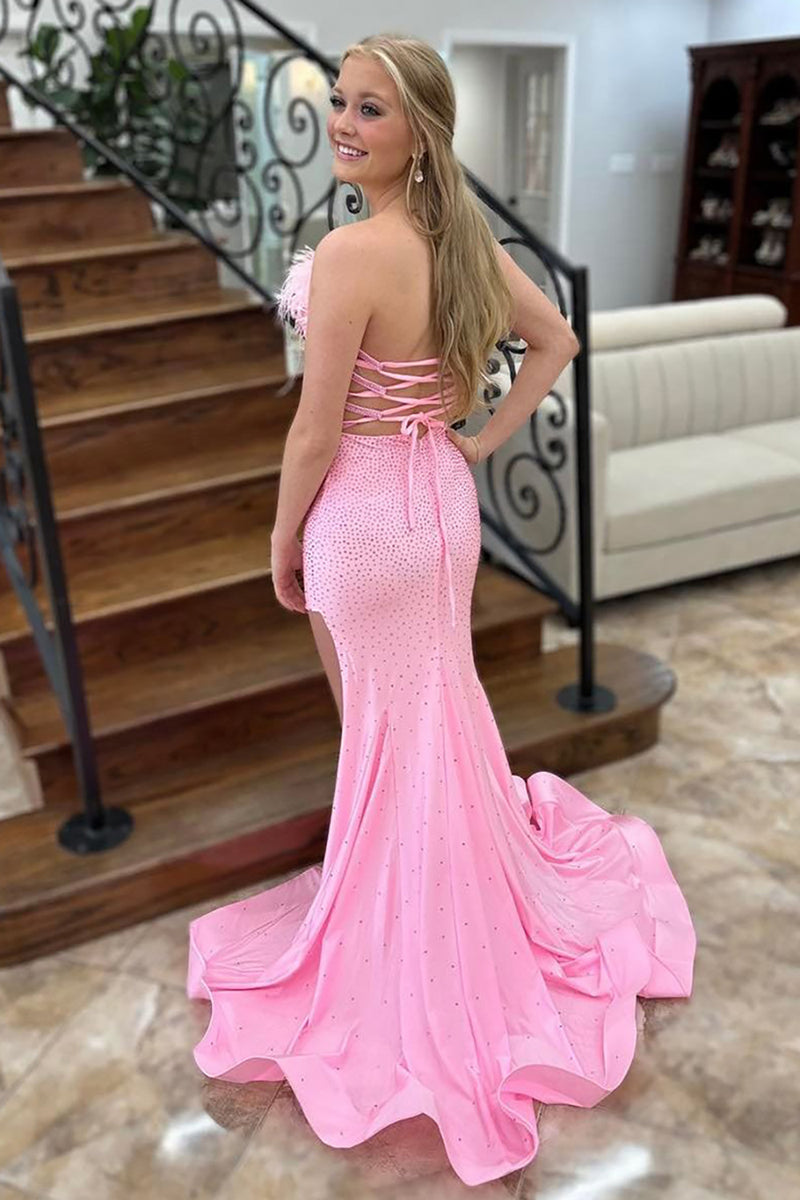Load image into Gallery viewer, Sparkly Pink Satin Beaded Mermaid Long Prom Dress with Slit