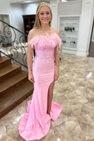 Load image into Gallery viewer, Sparkly Pink Satin Beaded Mermaid Long Prom Dress with Slit