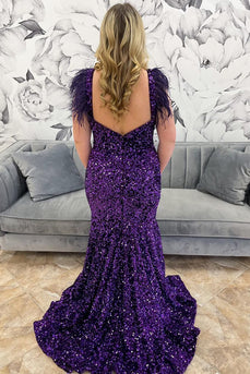 Sparkly Grape Sequin Mermaid Backless Long Prom Dress