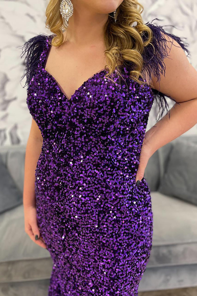 Load image into Gallery viewer, Sparkly Grape Mermaid Sequins Off the Shoulder Long Prom Dress with Feathers