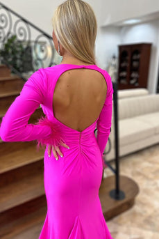 Fuchsia Satin Long Sleeves Mermaid Long Prom Dress