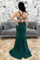 Load image into Gallery viewer, Sparkly Dark Green Satin Beaded Mermaid Long Prom Dress with Slit