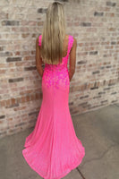 Load image into Gallery viewer, Sparkly Pink Satin Corset Beaded Mermaid Long Prom Dress with Slit