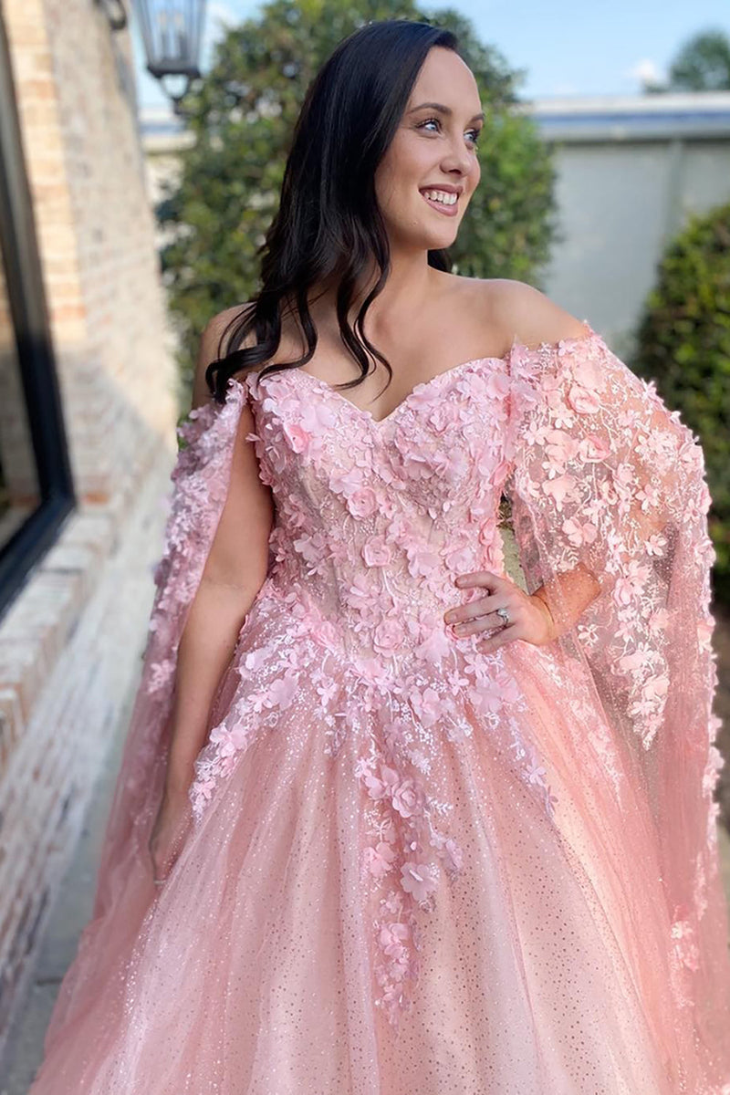 Load image into Gallery viewer, Women Sparkly Pink Corset Prom Dress with 3D Flowers Ball Gown Tulle Off the Shoulder Lace Up Back Long Formal Dress