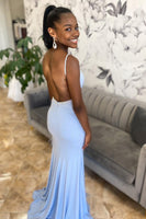 Load image into Gallery viewer, Sparkly Light Blue Beaded Satin Mermaid Long Prom Dress with Slit
