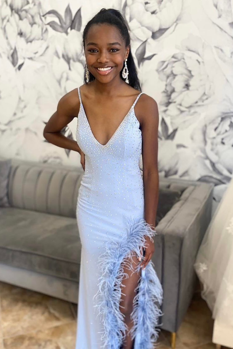 Load image into Gallery viewer, Sparkly Light Blue Beaded Satin Mermaid Long Prom Dress with Slit