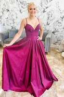 Load image into Gallery viewer, Sparkly Princess Dark Purple Satin Beaded A Line Long Prom Dress
