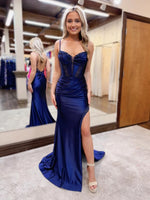 Load image into Gallery viewer, Sparkly Navy Corset Beaded Satin Mermaid Long Prom Dress with Slit