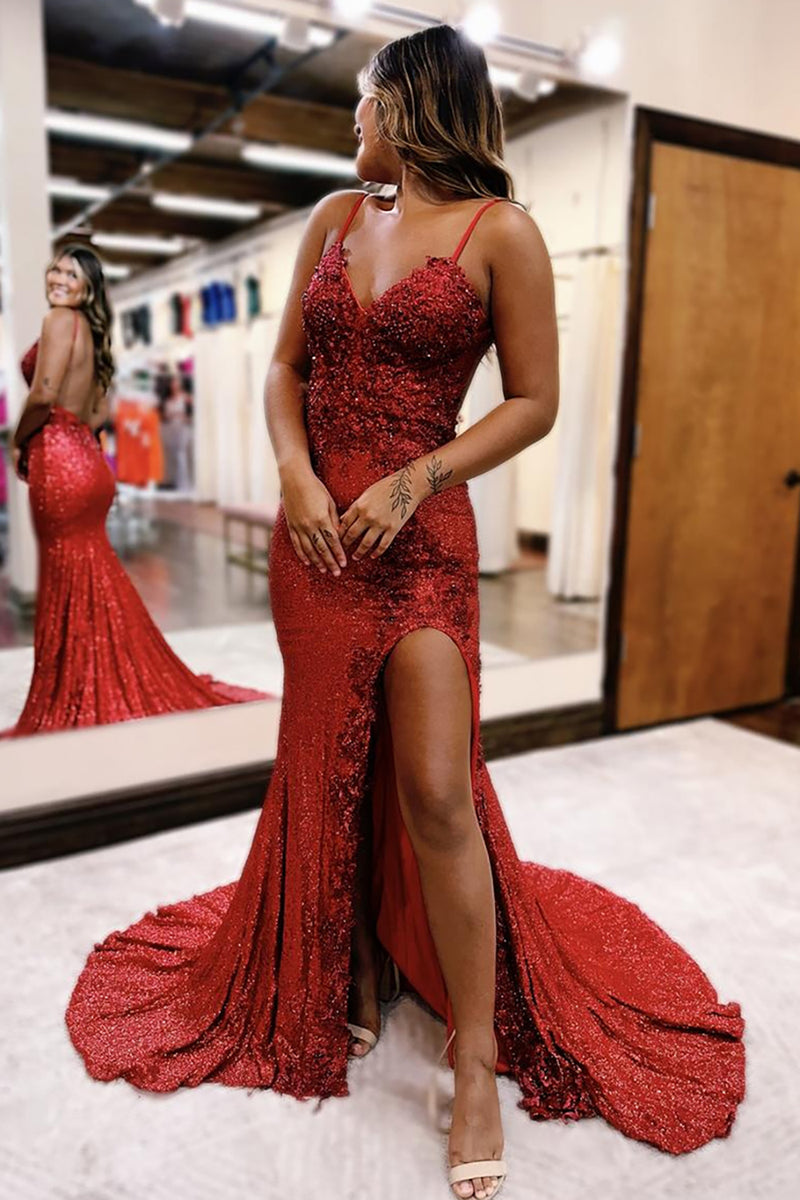 Queendancer Women Sparkly Dark Red Sequin Long Prom Dress with Slit Mermaid Spaghetti Straps Backless Formal Dress with Appliques queendanceruk Queendancer Women Sparkly Dark Red Sequin Long Prom Dress with Slit Mermaid Spaghetti Straps Backless Formal Dress with Appliques queendanceruk