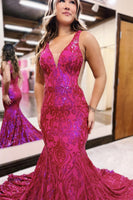 Load image into Gallery viewer, Sparkly Fuchsia Mermaid V-Neck Backless Long Prom Dress