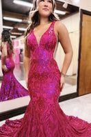 Load image into Gallery viewer, Sparkly Fuchsia Satin Printed Mermaid Long Prom Dress