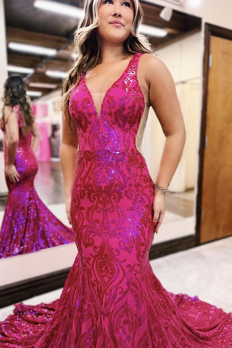 Load image into Gallery viewer, Sparkly Fuchsia Satin Printed Mermaid Long Prom Dress
