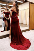 Load image into Gallery viewer, Burgundy Velvet Corset Mermaid Long Prom Dress with Slit