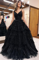 Load image into Gallery viewer, Glitter Princess Black Tulle Ball Gown Backless Long Prom Dress