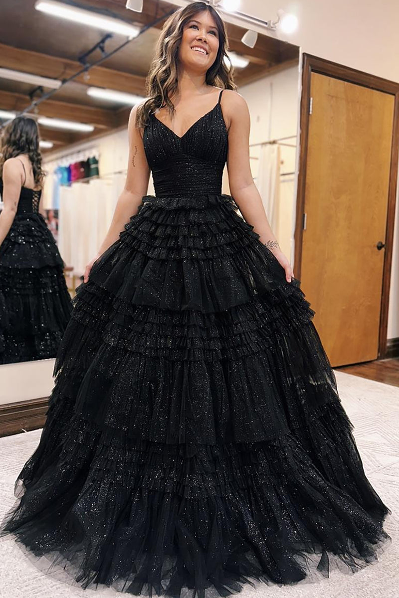 Load image into Gallery viewer, Glitter Princess Black Tulle Ball Gown Backless Long Prom Dress