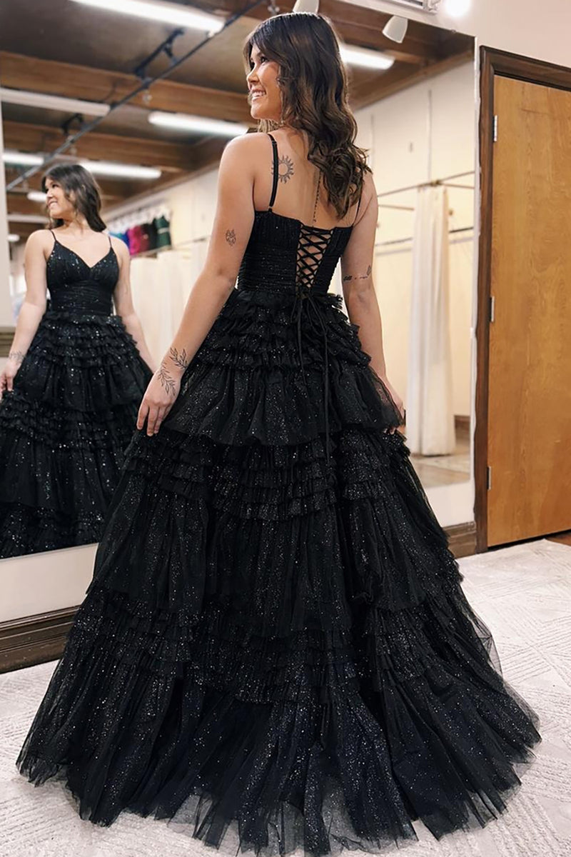 Load image into Gallery viewer, Glitter Princess Black Tulle Ball Gown Backless Long Prom Dress
