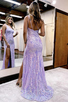 Load image into Gallery viewer, Glitter Lilac Metallic One Shoulder Mermaid Long Prom Dress with Slit