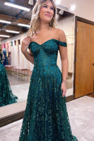 Load image into Gallery viewer, Sparkly Princess Dark Green Tulle A Line Long Prom Dress with Lace