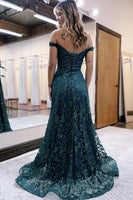 Load image into Gallery viewer, Sparkly Princess Dark Green Tulle A Line Long Prom Dress with Lace