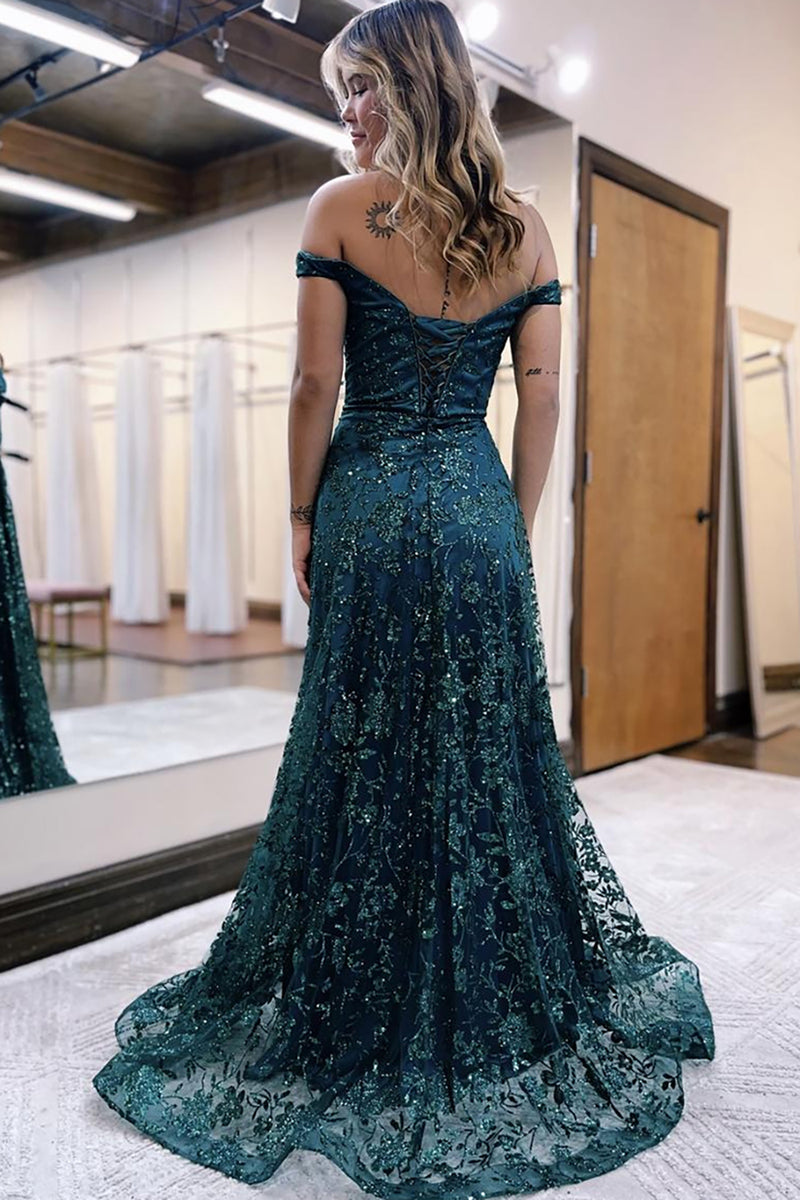 Load image into Gallery viewer, Sparkly Princess Dark Green Tulle A Line Long Prom Dress with Lace