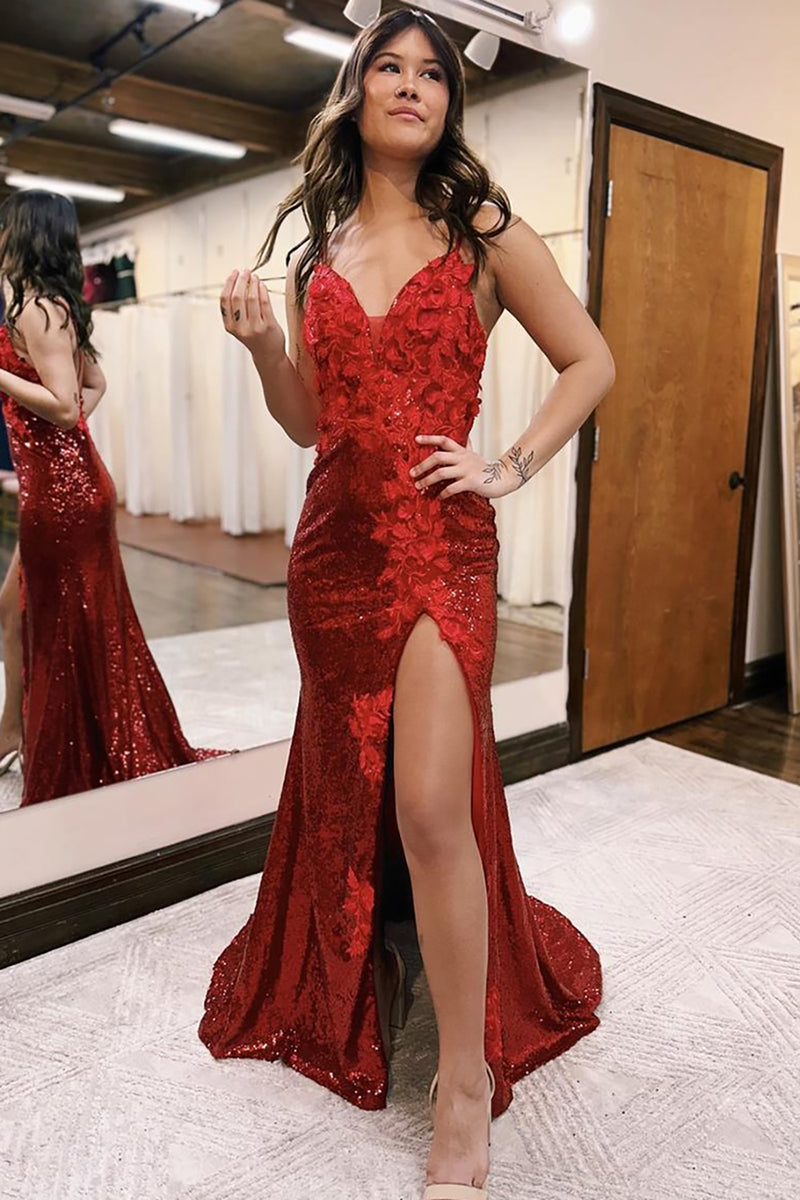 Load image into Gallery viewer, Sparkly Red Sequin Mermaid Long Prom Dress with Slit