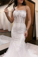 Load image into Gallery viewer, Sparkly White Sequin Corset Mermaid Long Prom Dress