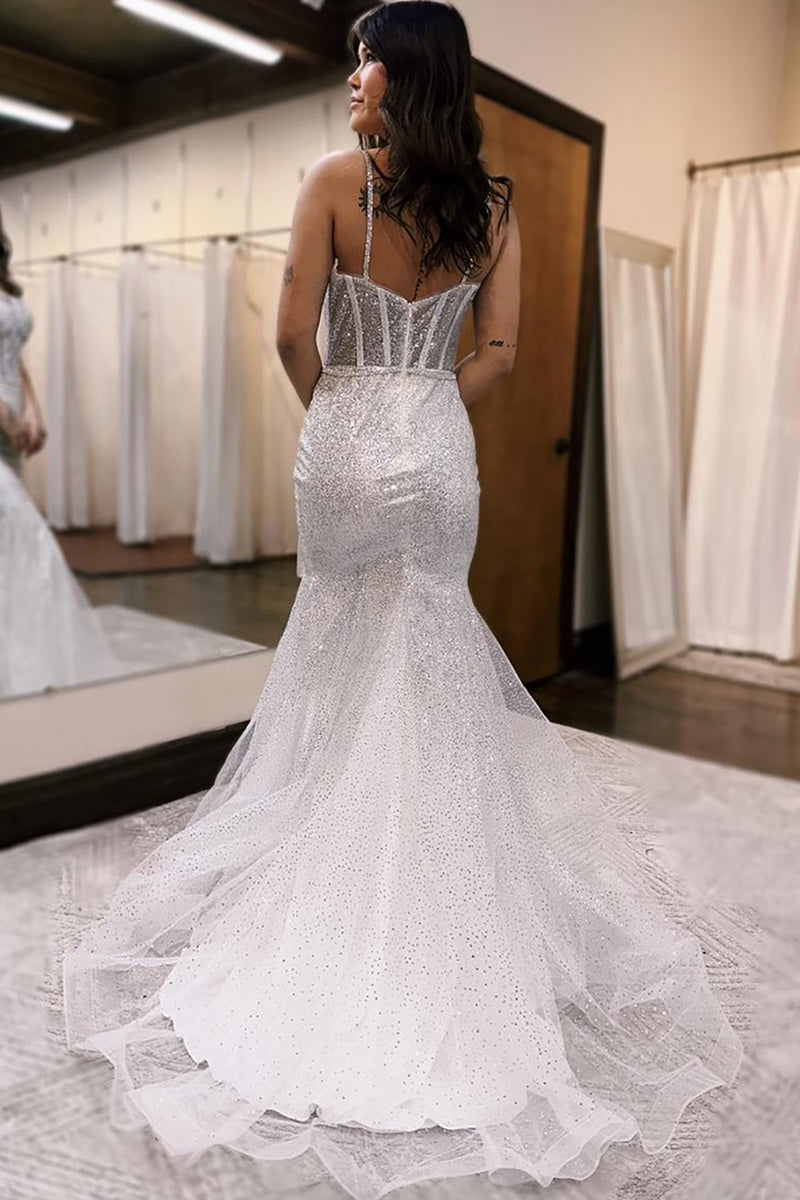 Load image into Gallery viewer, Sparkly White Sequin Corset Mermaid Long Prom Dress