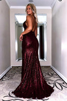 Load image into Gallery viewer, Sparkly Burgundy Sequin Halter Mermaid Long Prom Dress with Slit