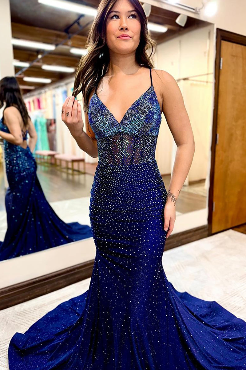 Load image into Gallery viewer, Sparkly Navy Beaded Mermaid Satin Long Prom Dress