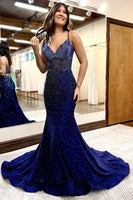 Load image into Gallery viewer, Sparkly Navy Beaded Mermaid Satin Long Prom Dress