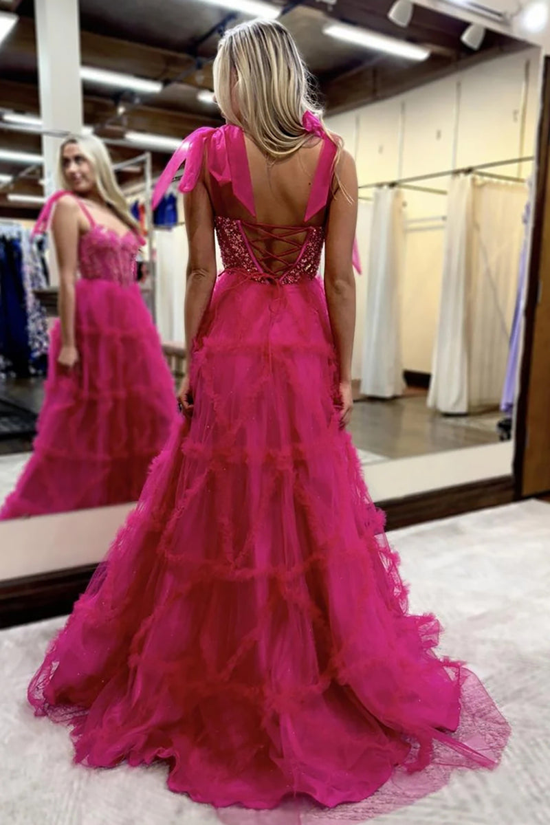 Load image into Gallery viewer, Sparkly Princess Fuchsia Tulle Corset Ball Gown Long Prom Dress with Ruffles