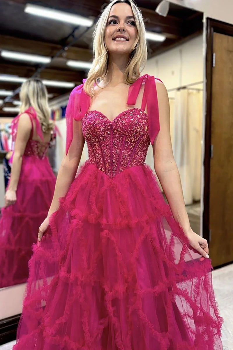 Load image into Gallery viewer, Sparkly Princess Fuchsia Tulle Corset Ball Gown Long Prom Dress with Ruffles