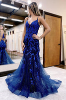 Load image into Gallery viewer, Sparkly Navy Sequin Mermaid Long Prom Dress with Appliques
