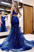 Load image into Gallery viewer, Sparkly Navy Sequin Mermaid Long Prom Dress with Appliques