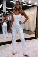 Load image into Gallery viewer, Women Sparkly White Sequin Maxi Prom Jumpsuits Spaghetti Straps Lace-Up Back Formal Jumpsuits