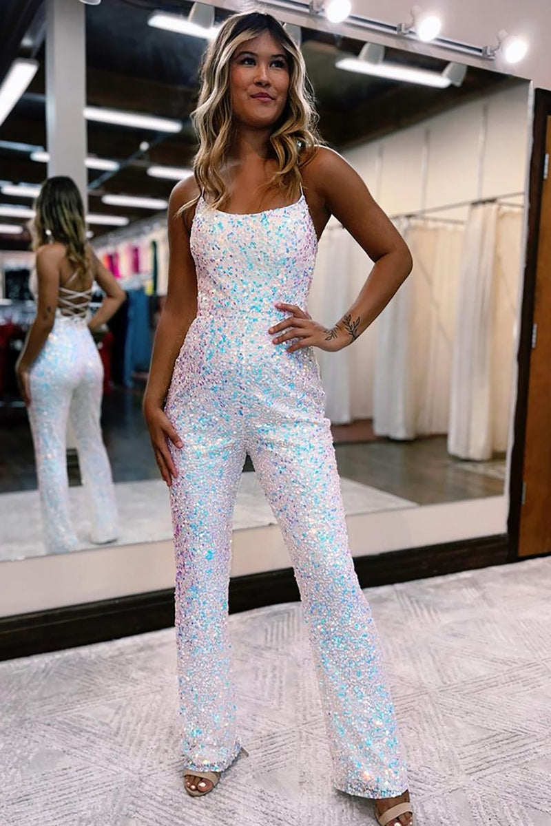Load image into Gallery viewer, Women Sparkly White Sequin Maxi Prom Jumpsuits Spaghetti Straps Lace-Up Back Formal Jumpsuits